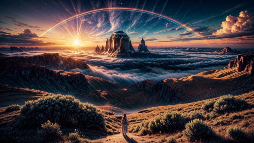 a spiritual virtual reality landscape, the sun and the moon in the sky, golden light shining through clouds, blue light radiating from the horizon, a rainbow arcing across the scene, highly detailed, photorealistic, 8k, masterpiece, stunning colors, cinematic lighting, ethereal atmosphere, dreamlike ambiance, immersive, captivating, awe-inspiring
