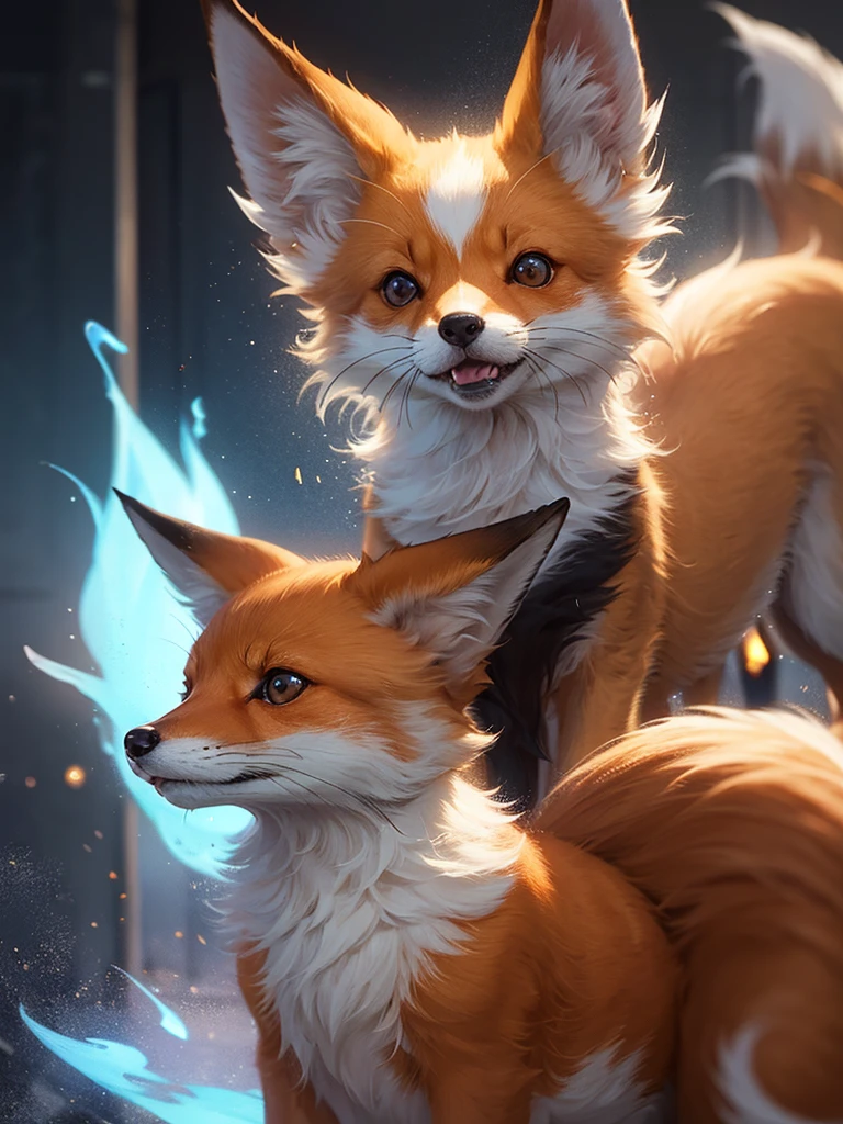 The fox and the dog、Cute and gentle、Sharp eye focus、original、Supernatural、Another world、Ultra Detail、bright fur、Magic Lighting、trajectory、 Light dust、beautiful、Cinematic lighting、 Bokeh effect