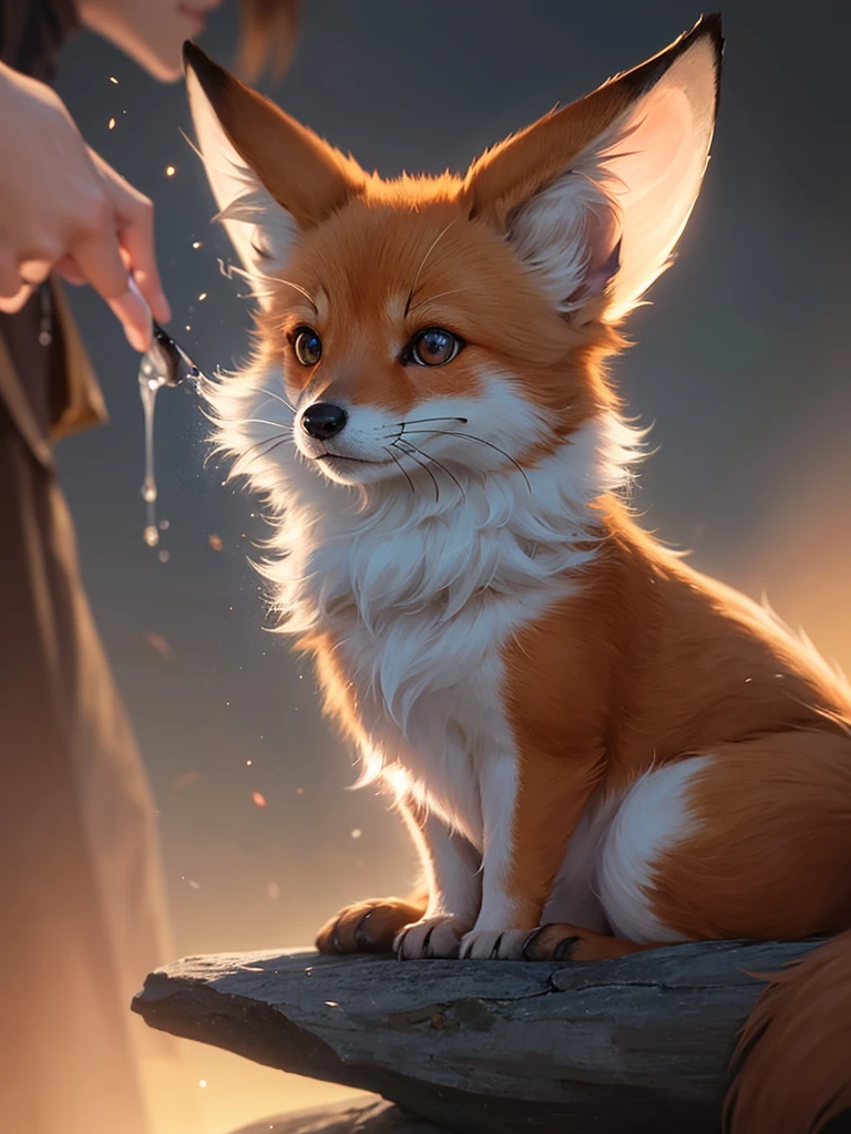 The fox and the dog、Cute and gentle、Sharp eye focus、original、Supernatural、Another world、Ultra Detail、bright fur、Magic Lighting、trajectory、 Light dust、beautiful、Cinematic lighting、 Bokeh effect