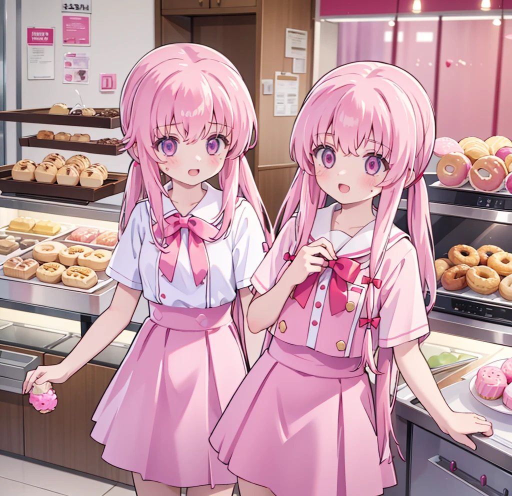 1girl,pink hair, pink eyes with love, detailed eyes, straight hair, straight bangs, shiny hair,
,red bowtie,purple skirt,purple shirt,pleated skirt,short sleeves,looking at the plate with donut, showing mini donut shop, holding a plate wih donut, smile, laughter , open mouth, donut shop background, high-definition,masterpiece, masterpiece, best quality, high resolution, aabeta, double, standing, slim waist, cute, sailor uniform (PastelColors: 1.3)