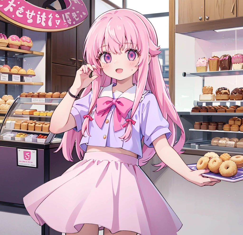 1girl,pink hair, pink eyes with love, detailed eyes, straight hair, straight bangs, shiny hair,
,red bowtie,purple skirt,purple shirt,pleated skirt,short sleeves,looking at the plate with donut, showing mini donut shop, holding a plate wih donut, smile, laughter , open mouth, donut shop background, high-definition,masterpiece, masterpiece, best quality, high resolution, aabeta, double, standing, slim waist, cute, sailor uniform (PastelColors: 1.3)