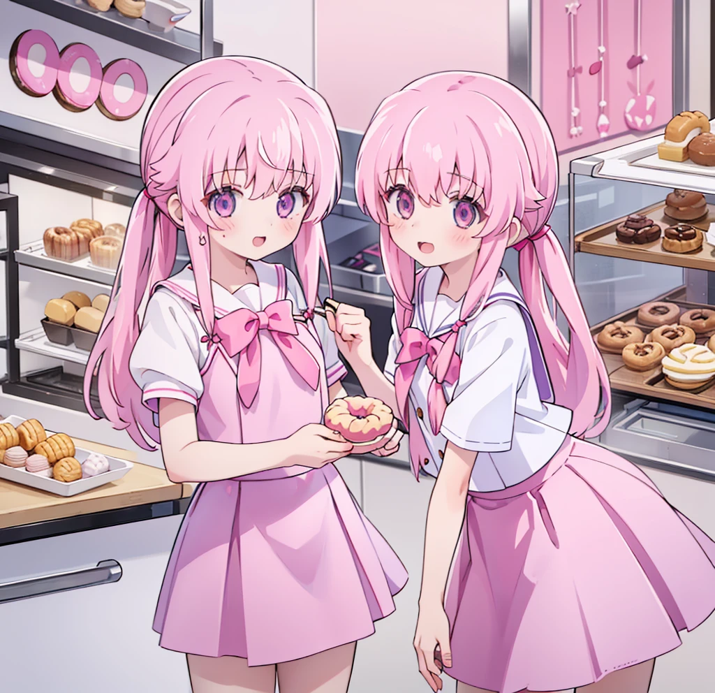 1girl,pink hair, pink eyes with love, detailed eyes, straight hair, straight bangs, shiny hair,
,red bowtie,purple skirt,purple shirt,pleated skirt,short sleeves,looking at the plate with donut, showing mini donut shop, holding a plate wih donut, smile, laughter , open mouth, donut shop background, high-definition,masterpiece, masterpiece, best quality, high resolution, aabeta, double, standing, slim waist, cute, sailor uniform (PastelColors: 1.3)