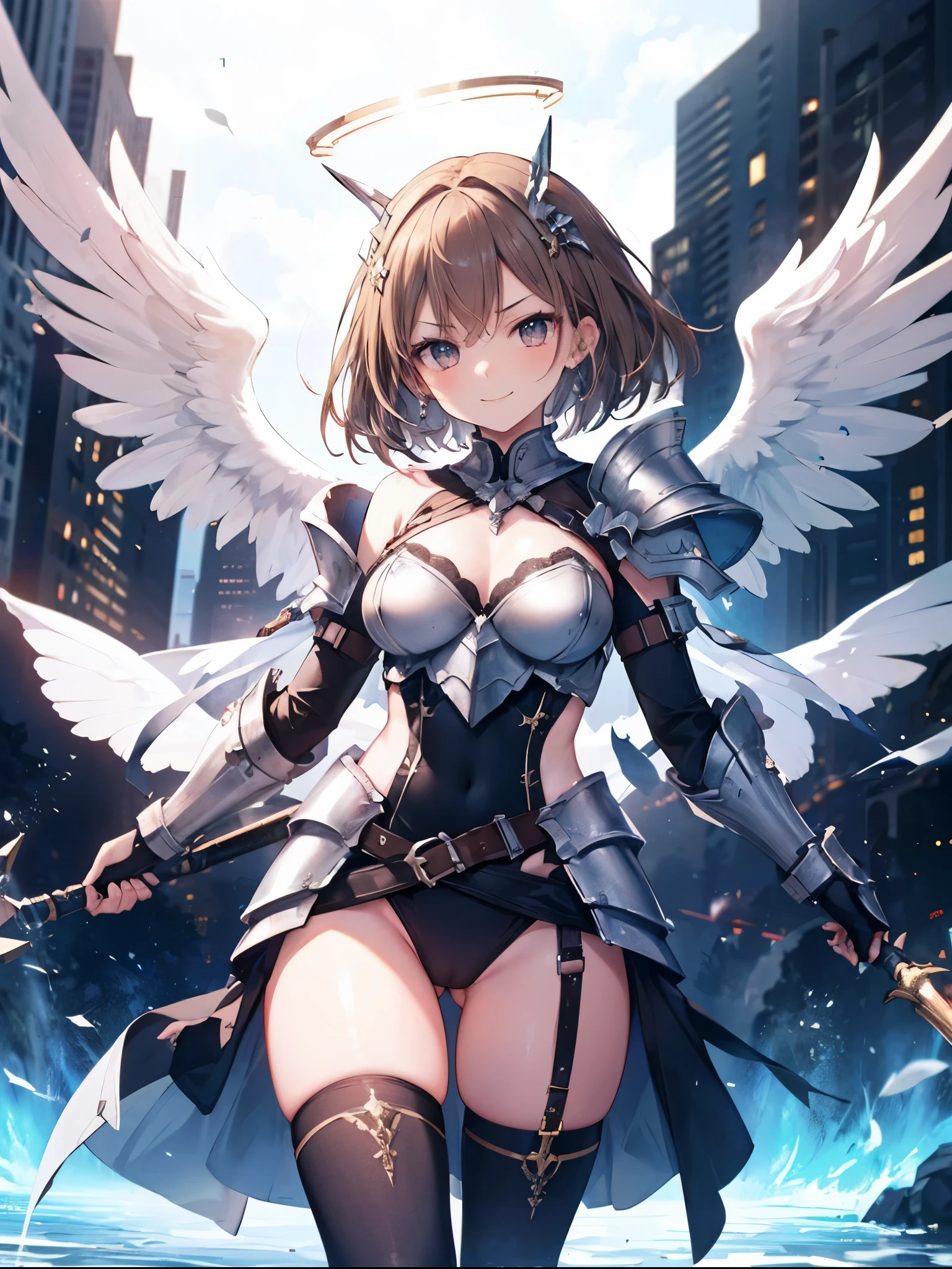 fantasy, 1angel_girl,(young_:1.5), ,brown_hair, medium_bob_hair, long_bangs, halo,bare_shoulder,thighhighs,silver_armor, waist_armor, large_breasts,angry,grinning,1pair_wings, dynamic_pose_fighting,floating, bare_crotch, headgear,gauntlet, greaves,city_background,slightly_spread_legs, solo, groin_naked,smile