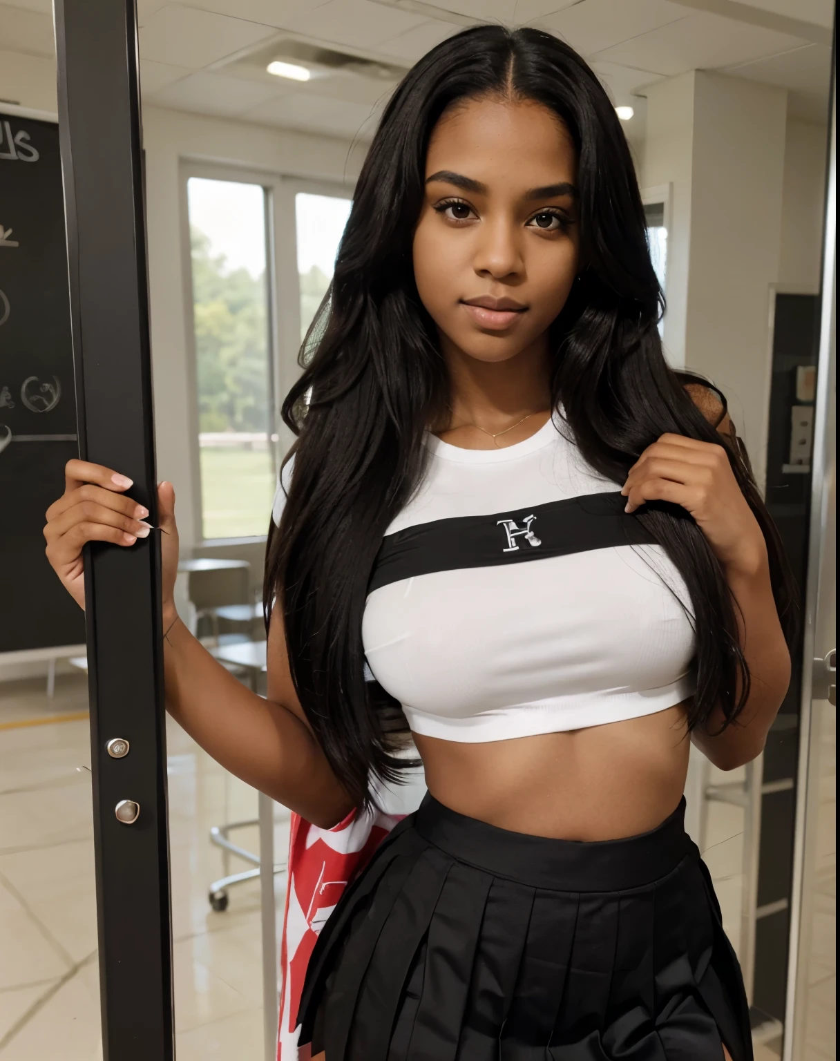 Mixed black ethnicity, curvy girl, long straight hair, sexy costume of high school, skirt and crop top, school