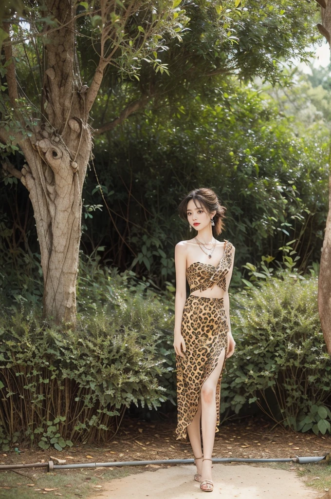 (((best quality))),(((ultra detailed))),(((masterpiece))),illustration,((1 beautiful girl,solo)),(shoulder length messy hair:1.2),((Beast bone earrings and necklace)),((slim,thin)),((small breasts,flat chest)),(slender legs:1.2),fair complexion,(leopard print dress:1.3),(standing:1.3),(arms behind back:1.3),seductive,wild spirit,lush forest,primitive,tall trees,green canopy, sunlight filter,scent of earth,bird chirping,small creatures,secluded spot,captivating,enigmatic,raw energy,untamed spirit,morden day Eve,Garden of Eden,playful,adventurous,striking appearance,exotic setting,summertime,heat,humidity,vibrant colours,endless possibilities,exquisite detail,expansive wilderness,feminine allure,((from front,full body))