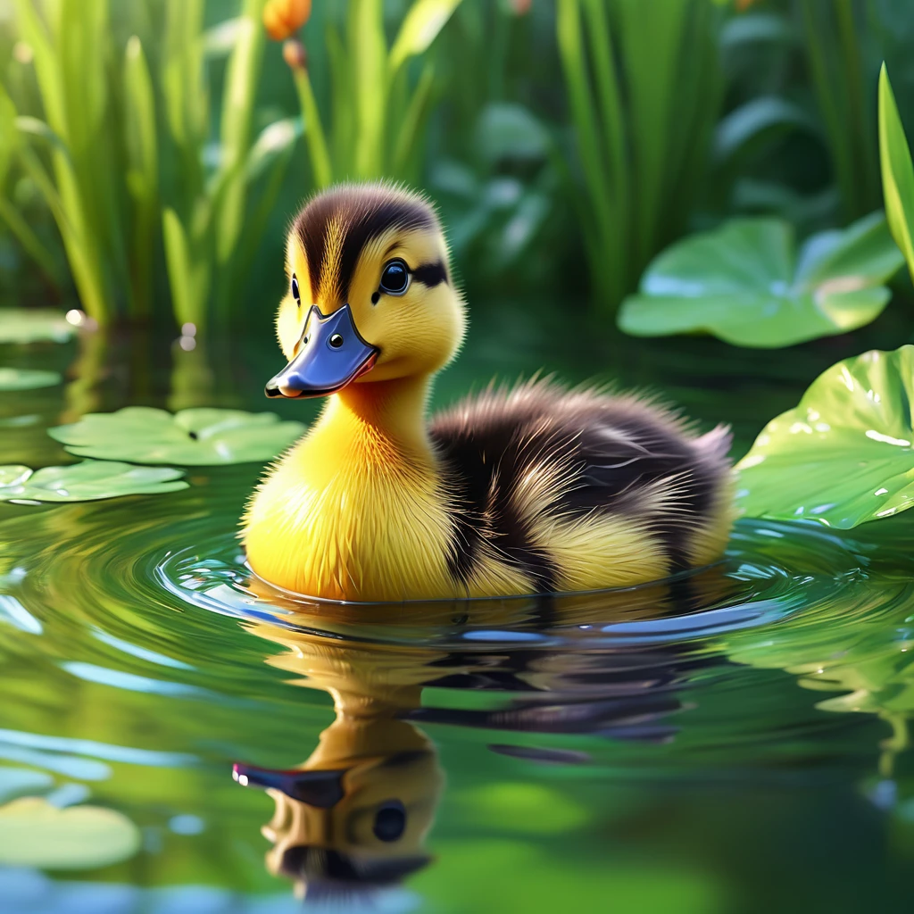 a cute duckling swimming in a pond, colorful cartoon style, thick black outlines, adorable facial expressions, playful poses, lush green foliage, reflections in the water, vivid colors, whimsical atmosphere, lighthearted and cheerful, (best quality,8k,highres,masterpiece:1.2),ultra-detailed,(realistic,photorealistic,photo-realistic:1.37),children's illustration,digital painting