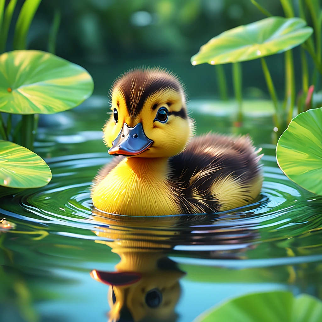 a cute duckling swimming in a pond, colorful cartoon style, thick black outlines, adorable facial expressions, playful poses, lush green foliage, reflections in the water, vivid colors, whimsical atmosphere, lighthearted and cheerful, (best quality,8k,highres,masterpiece:1.2),ultra-detailed,(realistic,photorealistic,photo-realistic:1.37),children's illustration,digital painting
