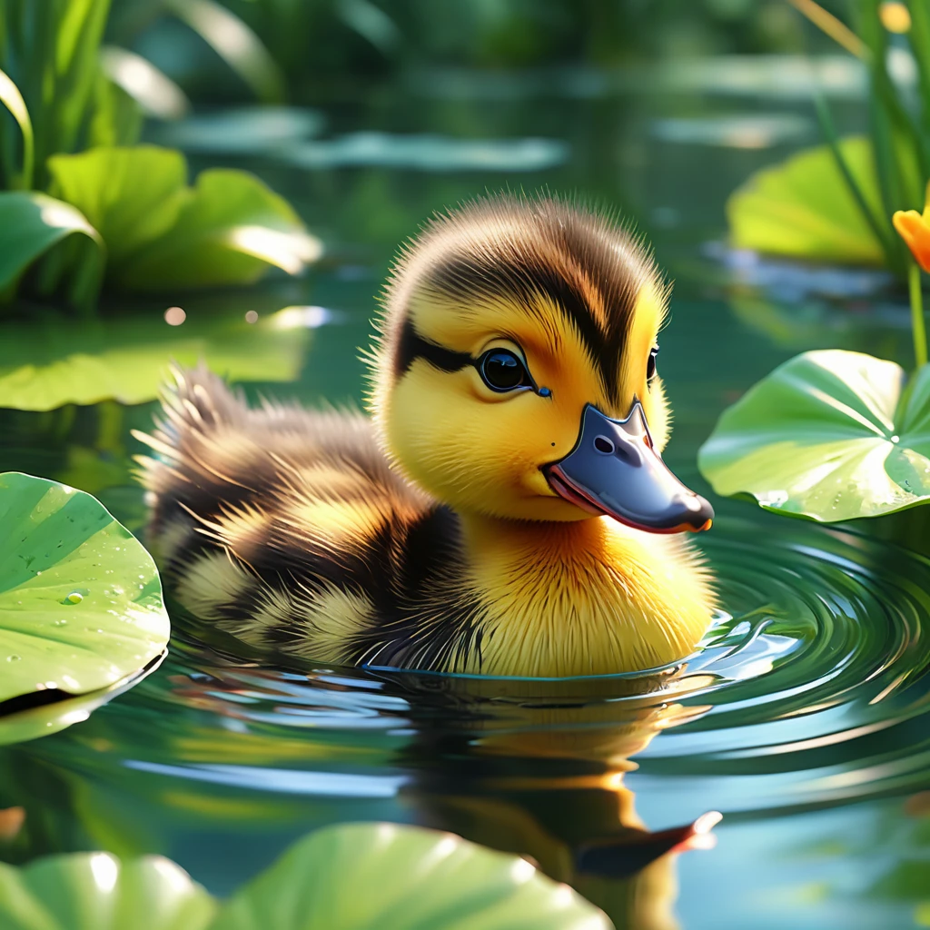 a cute duckling swimming in a pond, colorful cartoon style, thick black outlines, adorable facial expressions, playful poses, lush green foliage, reflections in the water, vivid colors, whimsical atmosphere, lighthearted and cheerful, (best quality,8k,highres,masterpiece:1.2),ultra-detailed,(realistic,photorealistic,photo-realistic:1.37),children's illustration,digital painting