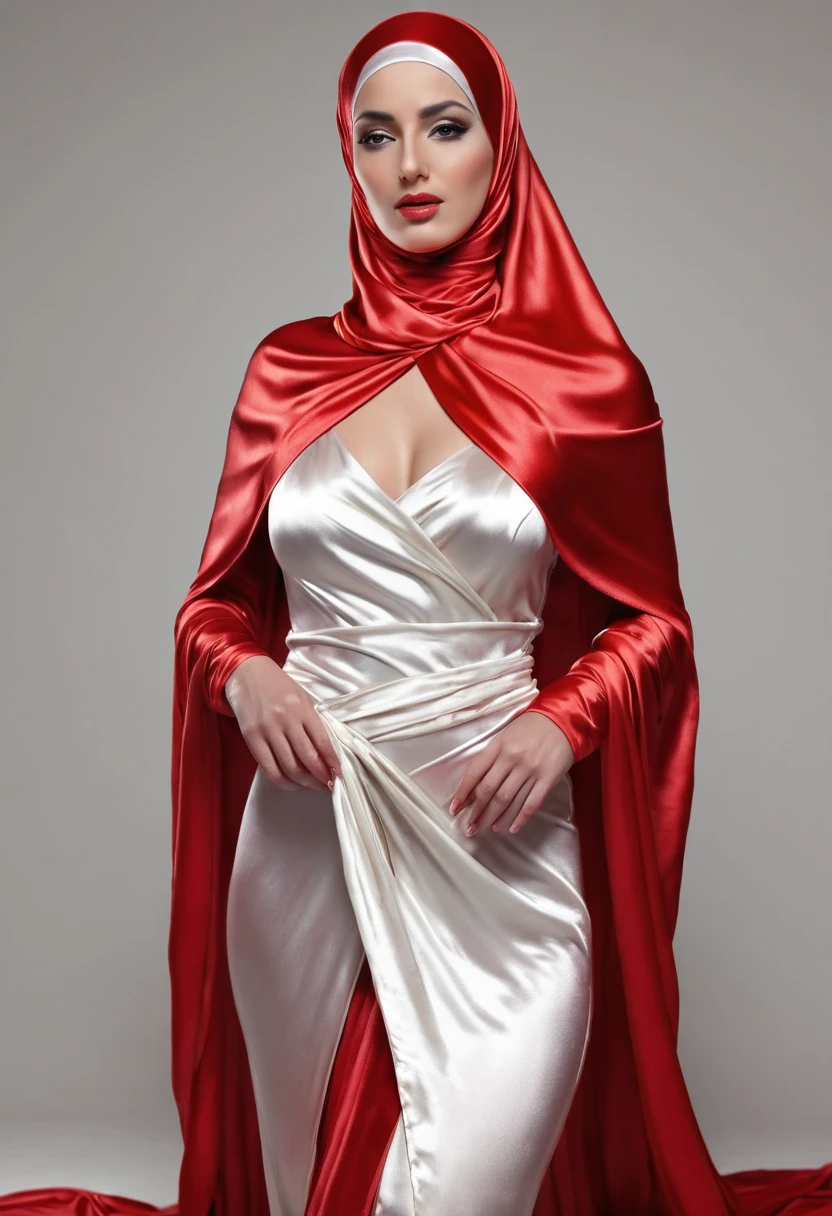 a sexy a woman covered in large red satin cloth, tied tight with the satin cloth, mummified in satin,  very long under gown, tight gowm in leg, wearing a satin hijab, the satin gown is very long, forming the curve of the body, strugle to move,full body,masterpice, 4k resolution, ultra-realistic, highly detail.