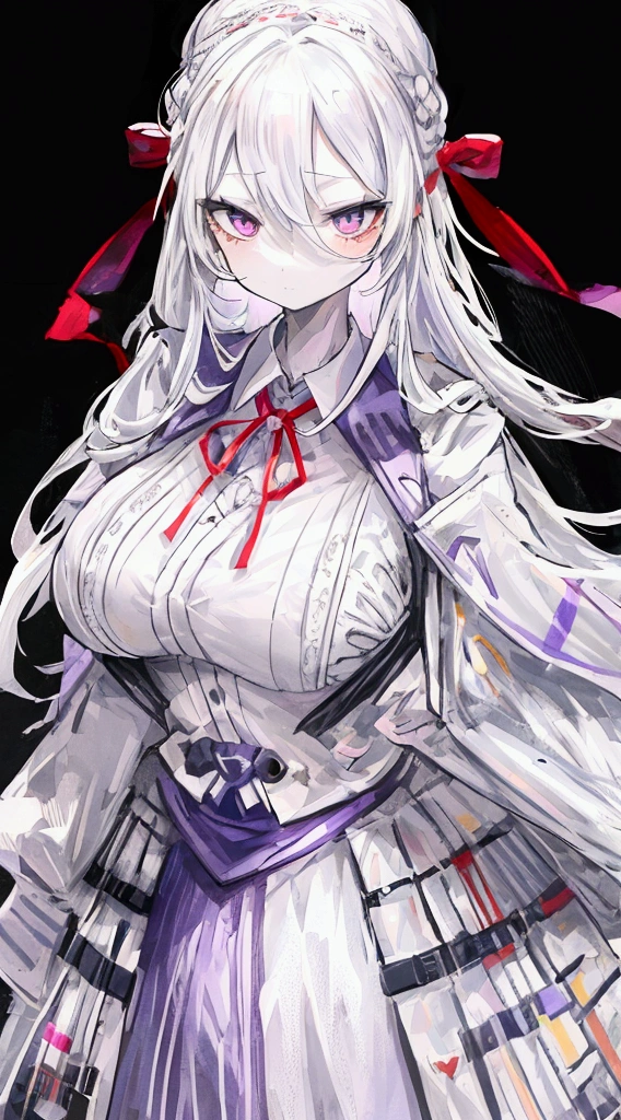 young woman, Long white hair, Light purple eyes, Exciting Literature Club Style! , Villainess, Grey vest, White shirt, Red ribbon around neck, Blue Skirt
