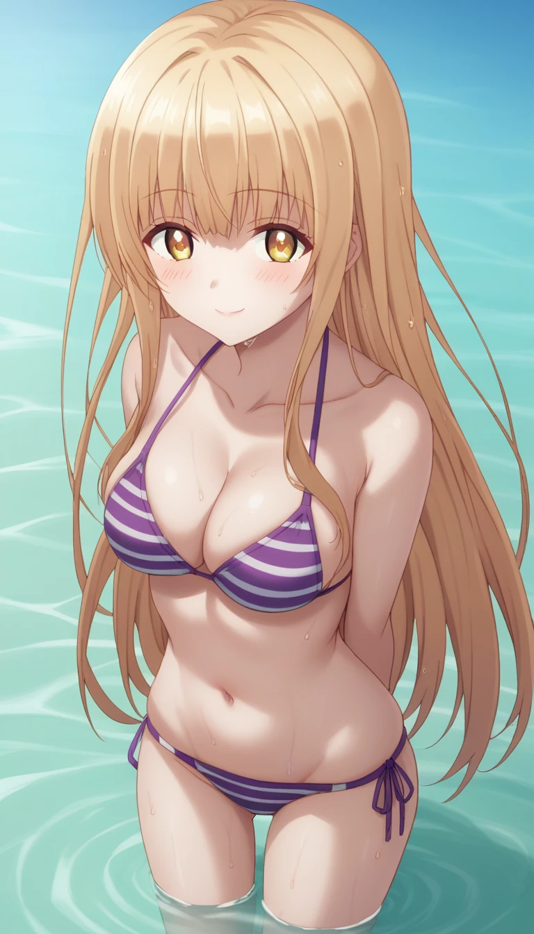 in the poolside,  rim light, sunlight, beautiful lighting, strong light,blonde, pale Light orange Hair, long hair, twintails, hair ribbon, girl１, all fours, upper body, completely nude, (small nipples:1.2), (small areolas:1.2), kawaii, cute, pale purple eyes, (shy), (blush),light smile