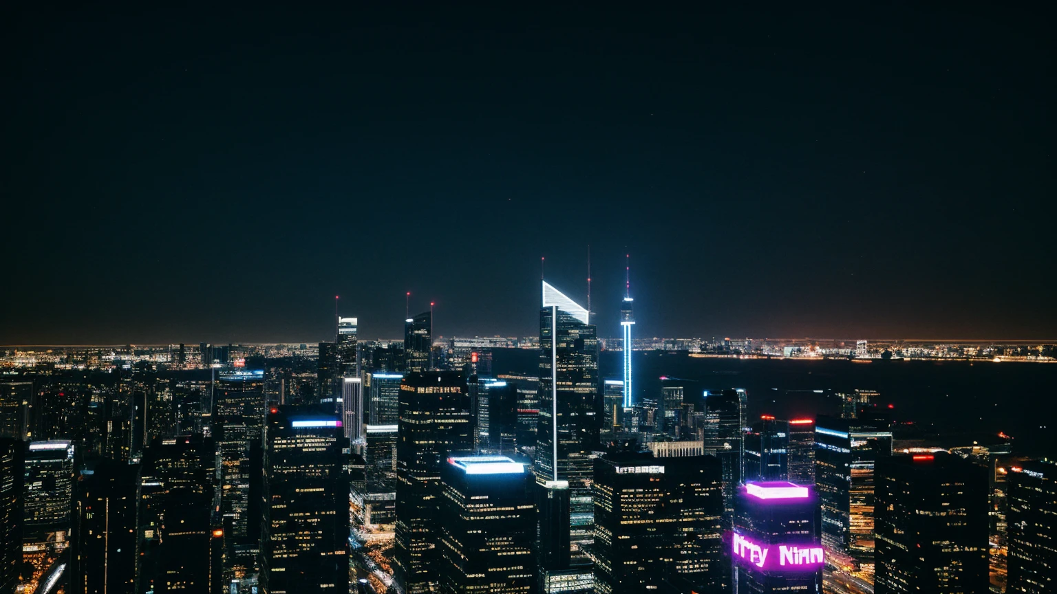 landscape, no one, city, skyscrapers, roof of a tall building, front view, a kitten stands on the parapet looking down, night, neon lights, illustration, cinematic lighting, close-up, from above, blurry, first-person view, UHD, best quality, 4K