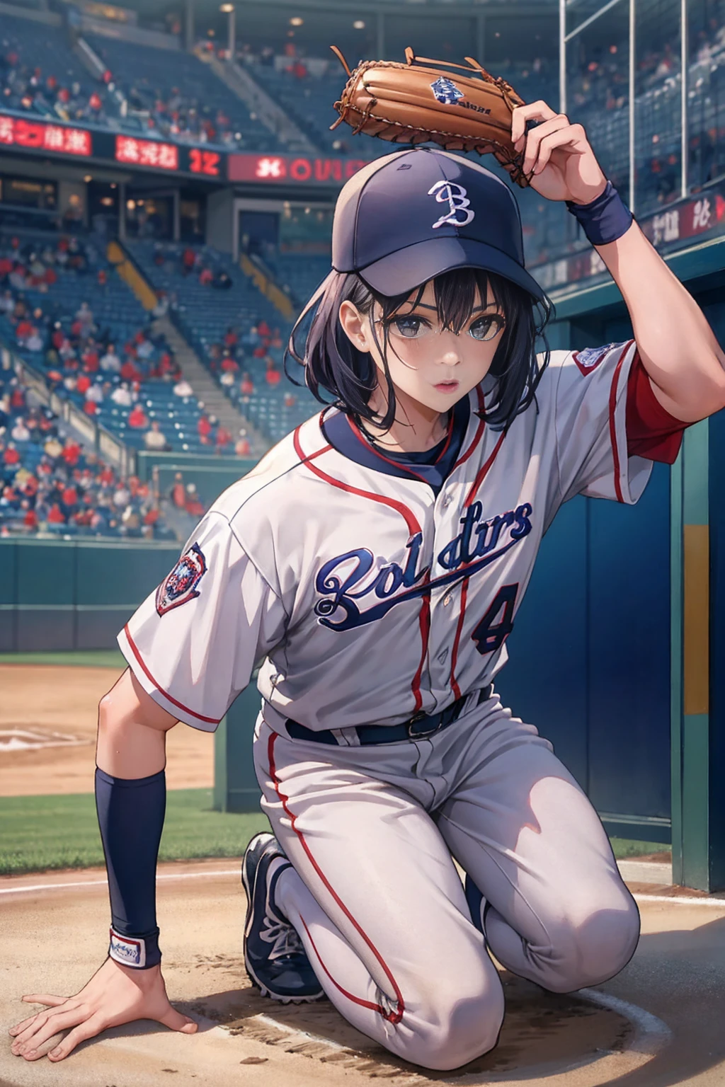 Young and beautiful woman,(Highest quality,Extremely detailed depiction,Incredible high resolution,Anatomically accurate depiction,software),(Glowing Skin,Glowing Skin),baseball player,Baseball uniforms,baseball pants,Baseball cap,gloves,悔しさからOn the mound泣く投手,A regretful face,Kneeling position,background:Baseball field during a game,Walk-off loss,On the mound