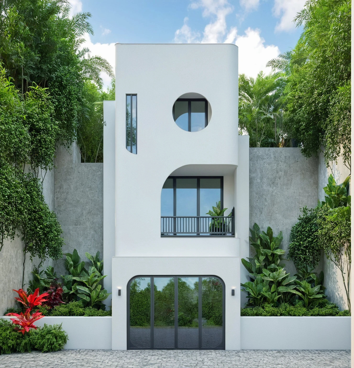 modern villa on the street, (daylight), curved walls, tropical plants, green shrubs, vivid colors, streetscape, minimalist design, light gray tones, (large glass doors :1.2), warm interior lighting, modern materials, best quality, extremely realistic, masterpiece,
