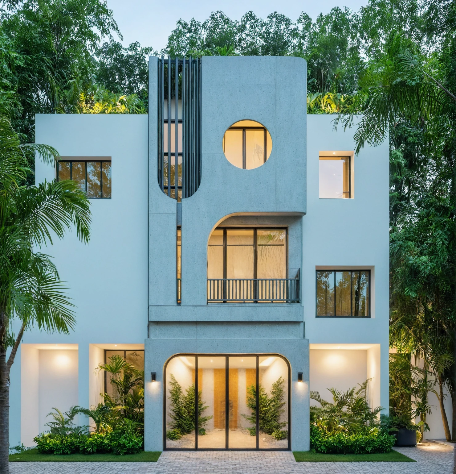 modern villa on the street, (daylight), curved walls, tropical plants, green shrubs, vivid colors, streetscape, minimalist design, light gray tones, (large glass doors :1.2), warm interior lighting, modern materials, best quality, extremely realistic, masterpiece,
