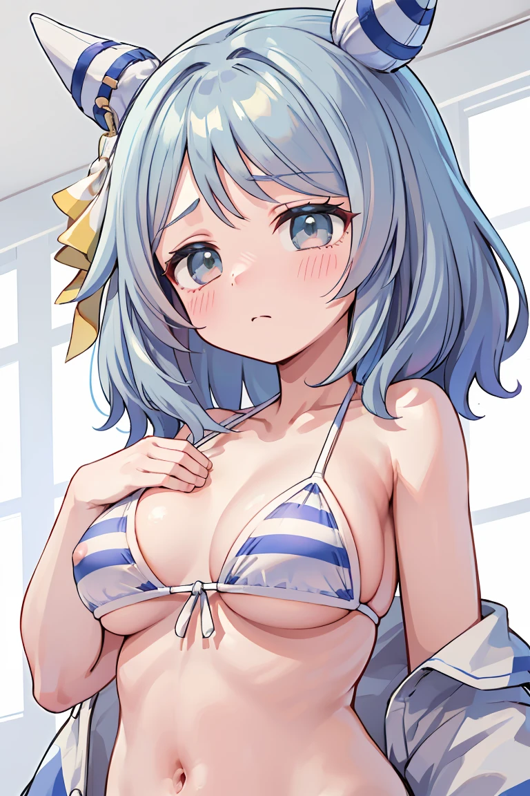 Object Helium | Uma Musume: Pretty Derby,Browsing Caution,1 girl,,,chest,尖ったchest,chestの谷間,Underbust,Side Bust Barbosa,(blush),((Embarrassing)),Spread and masturbate(((White and light blue striped bikini)))round 1(((chestを持ち上げる)))((View from below、View from below))Upper body close-up,((((巨大なchest)))),Leaning forward