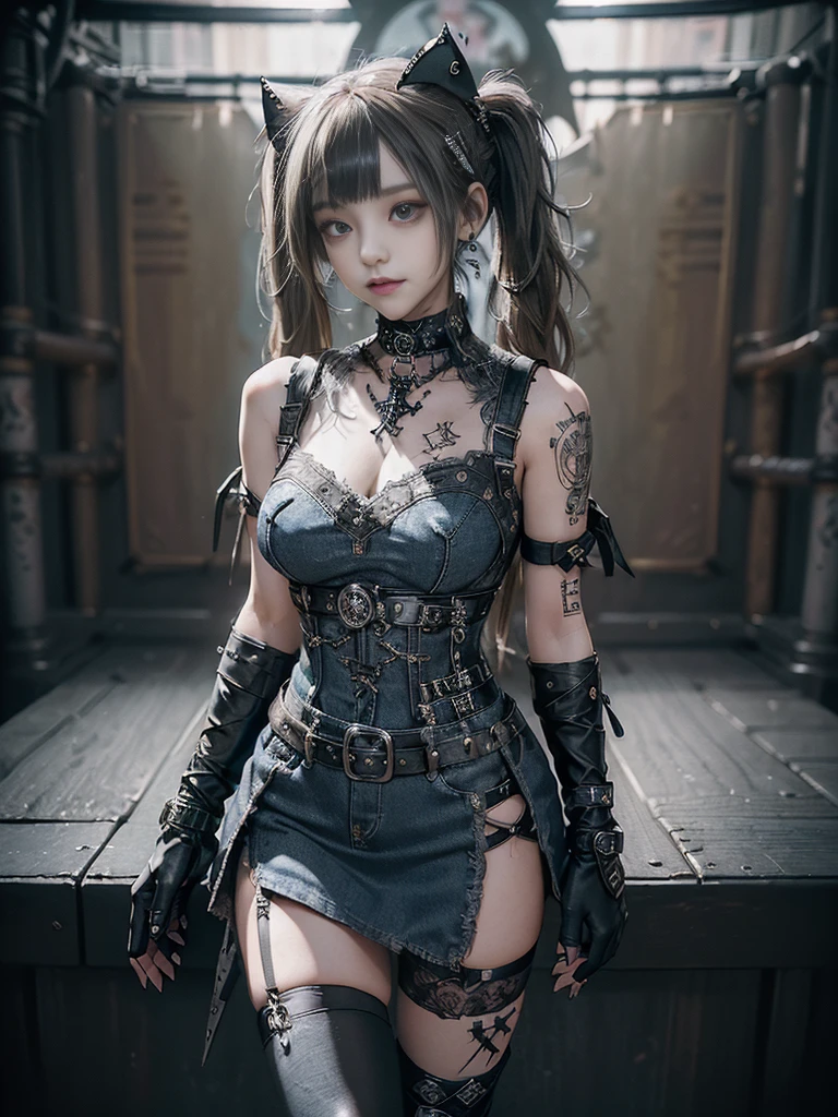 (Smiling with teeth showing:1.3),(Shibuya Gal:1.5)、(Stewardess Uniform:1.3)、(Gothic Lolita style fashion:1.5)、(Punk RockVisual Kei:1.4)、(Denim and black and white medieval noble mini skirt dress:1.5)、(Denim with black and white medieval gloves and bustier:1.5)、(Denim high heels:1.3)、(Wearing silver accessories:1.5)、(Denim collar:1.4)、(Black Leather Garter Belt:1.4)、(Brown Skin Belt:1.3)、(Black lace underwear:1.5)、20-year-old、NSFW、((Highest quality、In 8K、masterpiece:1.3))、Sharp focus:1.2、(Layered Cut、Huge boobs:1.1),Beautiful woman with perfect figure:1.4、(Dancing vigorously:1.3)、Slender Abs:1.2、Highly detailed face and skin texture、Detailed eyes、double eyelid,(Twin tails:1.3)、(Brown-golden hair:1.3)、Gravure idol、(The background is the Takarazuka Revue stage.:1.3)、(Slim Body:1.2),(Make your legs thinner:1.4),(clavicle:1.1)