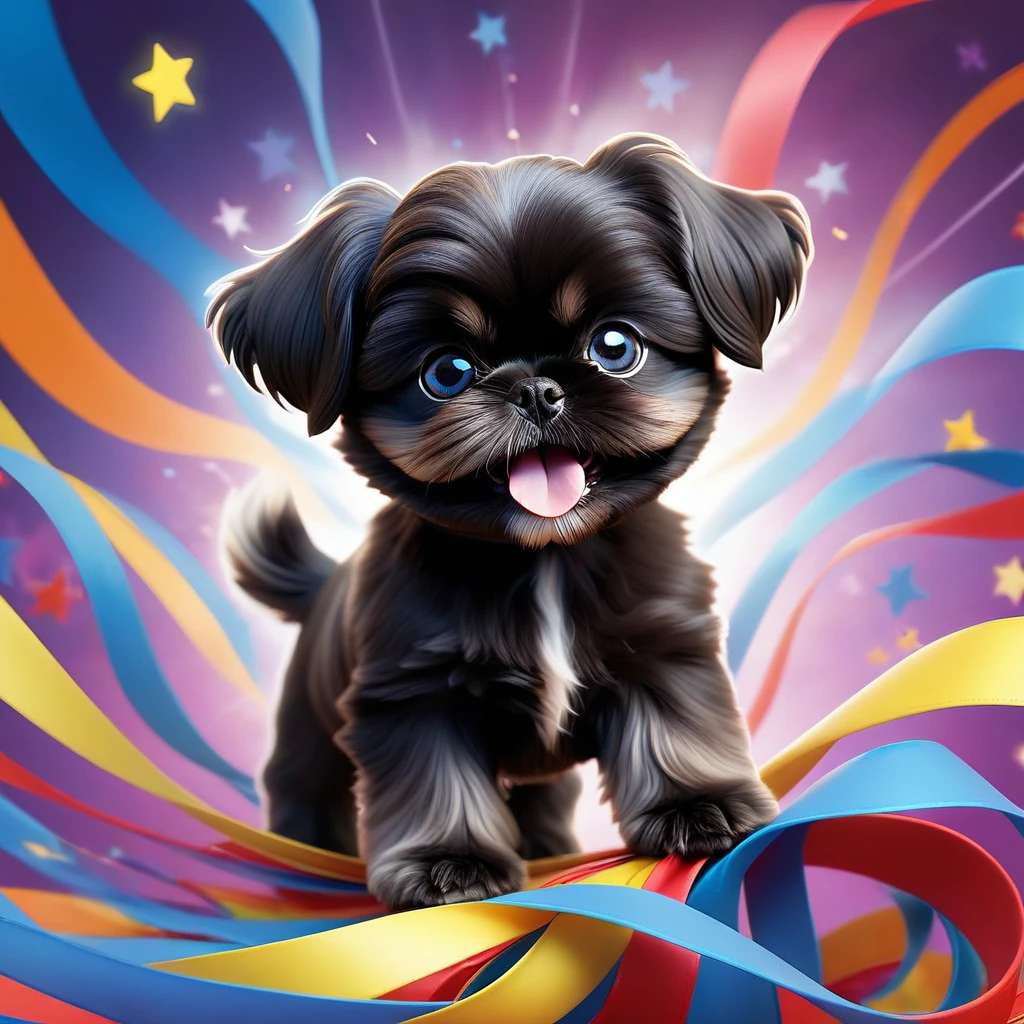 Ultra-small deformation,pop art, (from above), A black Shih Tzu puppy with blue eyes is curling up in the air, glowing cloud back ground surrounded colorful ribbons and particles shaped star, falling through the air, lie on back spreading arms and legs wide, close up happily expression toward the viewer, smoke screen, speed line, Dynamic Motion Blur, Dynamic action scenes 3D Pixar style