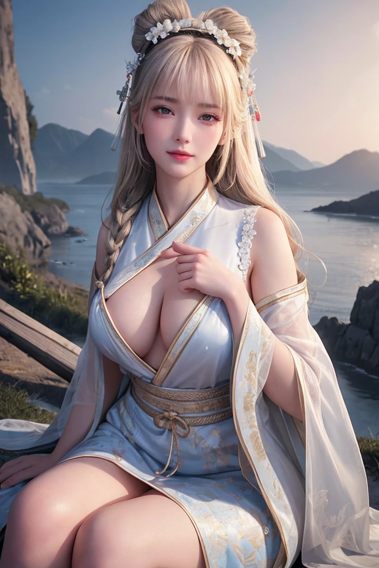 Face close-up， Ultra-fine face，woman， Ancient Wind，Hanfu， Sitting pose， Long white hair， Delicate clothing patterns， Elegance， Gorgeous， Elegance， smile，Sky Sky， ribbon，Sense of brokenness， It is， Bubble， Double up braid， Hairline， Diagonal bangs， Big Breasts、hair band， hair ornaments，Sparkling， Cinema Lighting，  Hyper HD， High resolution， 最high quality， 8k， High detail， high quality， Super Detail， Anatomically correct， masterpiece， Accurate，Plump，Landscape painting，screen