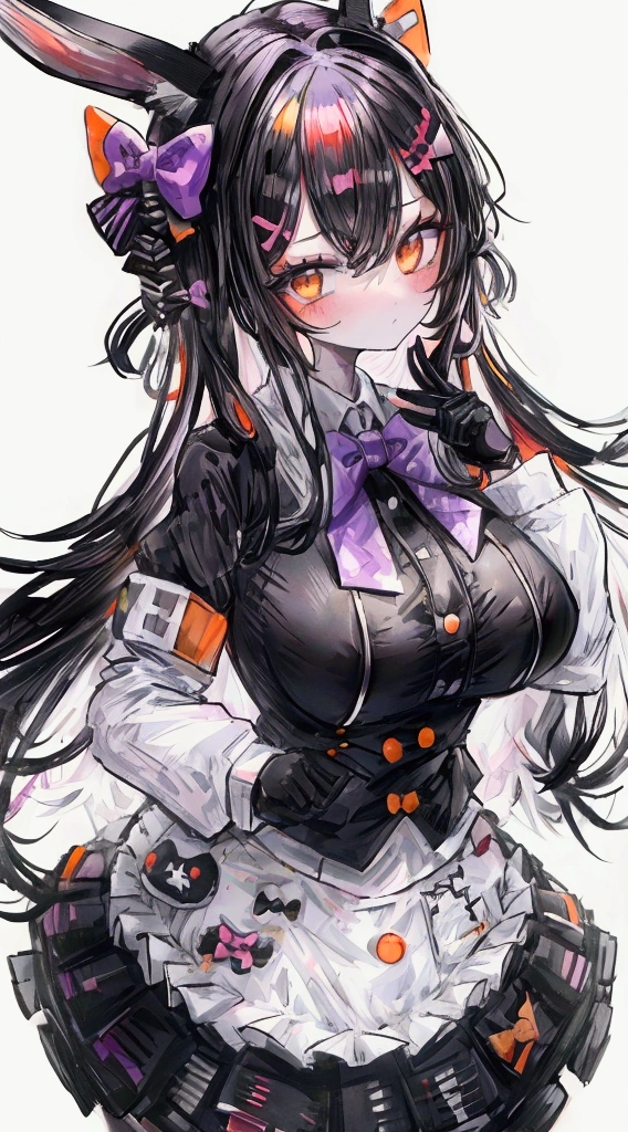 a anime girl with black hair dressed in white and purple holds a handgun, and a girl in black and white and blonde and white hair stands behind her, 1girl, solo, animal ears, rabbit ears, breasts, long hair, black hair, bow, blush, looking at viewer, large breasts, black bow, gloves, bowtie, shirt, black bowtie, orange eyes, white shirt, hair ornament, long sleeves, multicolored hair, black skirt, closed mouth, white hair