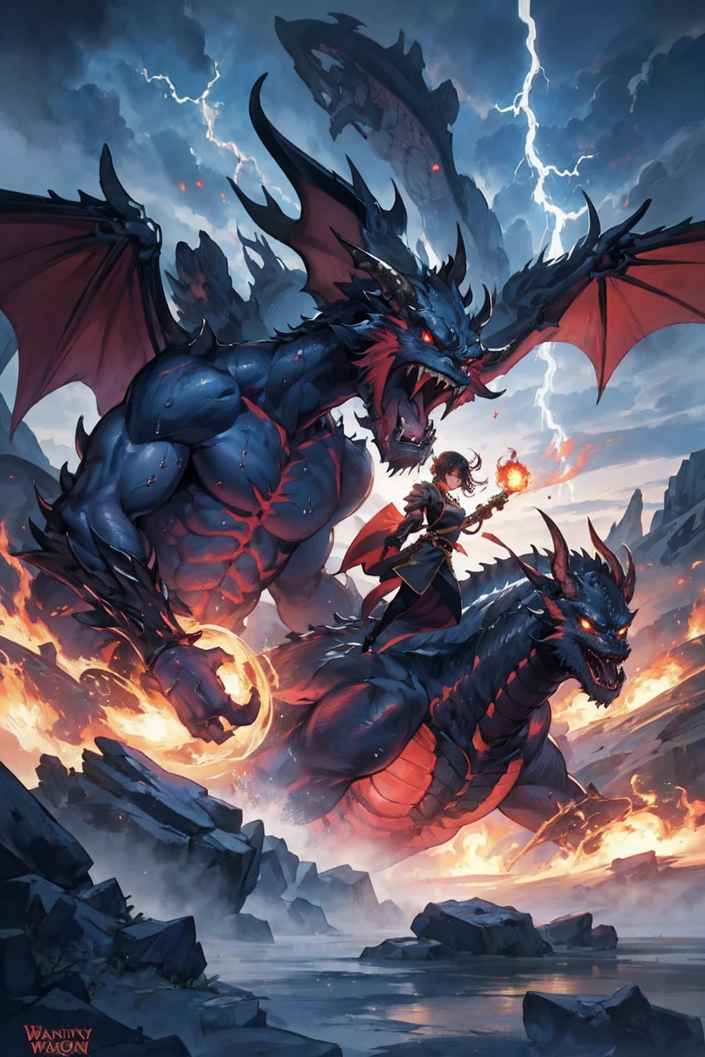 4 young men and women(Highest quality,Extremely detailed depiction,Incredible high resolution,Anatomically accurate depiction),(Glowing Skin,Glowing Skin,Sweat),Fighting a giant dragon,Warrior with a sword,Warrior with a shield,Wizard casting fire spells,Praying monk,background:Demon World,Fantasy,Lightning in the sky,huge black dragon,monster