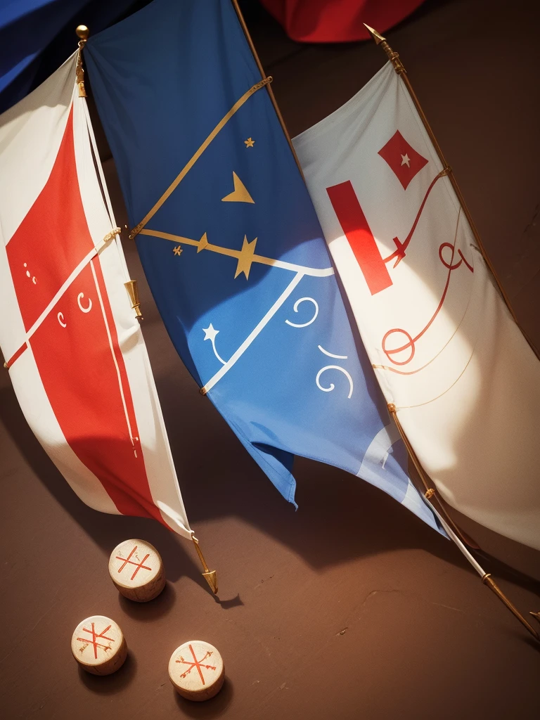 Four little flags, white, blue, red and golden, with magic runes engraved on them.