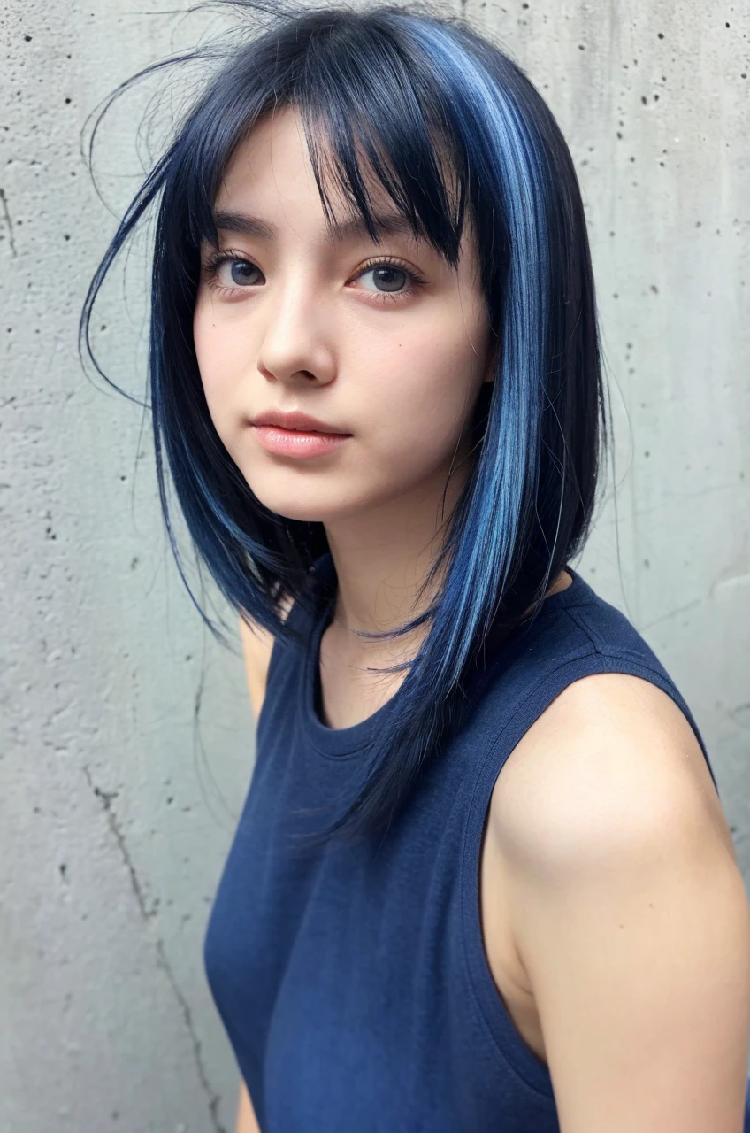 Girl 22 years old , Short , disheveled hair , blue streak in hair . Gray-deep eyes . black T-shirt , blue pants .
