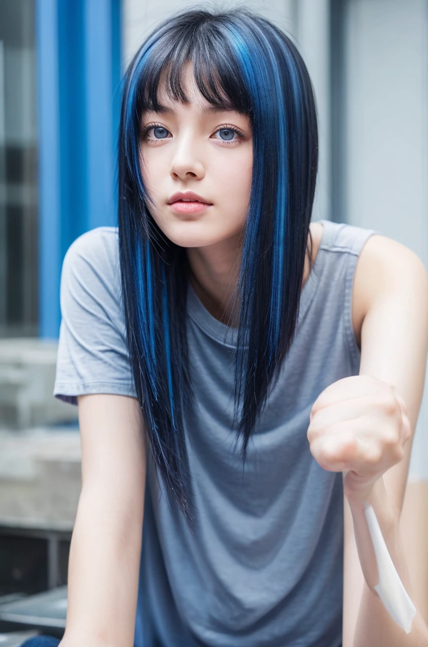 Girl 22 years old , Short , disheveled hair , blue streak in hair . Gray-deep eyes . black T-shirt , blue pants .