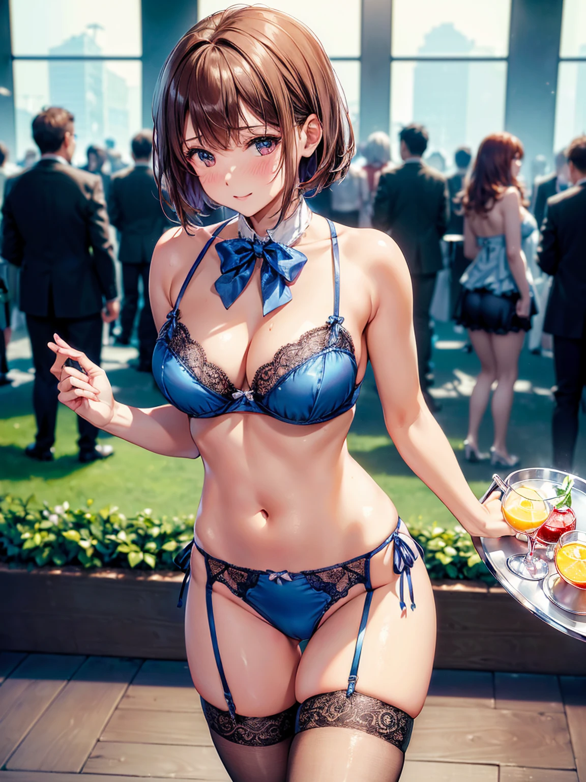 (((masterpiece, Highest quality, High resolution, 超High resolution, Perfect Pixel, Depth of written boundary, 4K, RTTX 10.0))), Beautiful Anime Woman, Beautiful art style, Anime characters, ((Smooth texture, Realistic texture, Anime CG Style)), Perfect and accurate finger count、Exact number of legs、(Exact number of arms:1.0, Exact number of hands:1.0), (Perfect hands, Perfect Anatomy), Cinematic, Realistic, Extremely detailed CG, Daytime lighting, Perfect lighting, Best Shadow, The best natural light, whole body, Perfect body, バランのとれたPerfect body, Perfectly balanced style, Slender body, ((bangs, Reddish brown hair, Bobcut)), ((A pretty adult woman is carrying drinks on a tray:1.8)), ((Bow tie around neck:1.3), (Sexy and cute blue underwear:1.3), (Stylish shiny blue satin panties, Side-tie panties, Panties with plain blue center and lace decoration on the sides:1.3), (Thin panties:1.3), (Blue micro lace satin bra, Blue bra with lace trim, Thin bra:1.3), (lace garter belt, Garter Strings, Knee socks:1.3):1.3), (Beautiful big , Cleavage:1.1), (Embarrassed expression:1.7), blush, (Adult Events, Makuhari Messe, Many visitors in the background, A crowded venue, Many men surrounding a woman, The attention of the men around her, indoor:1.7), naked, In underwear, Panties and bra only, Angle from the front