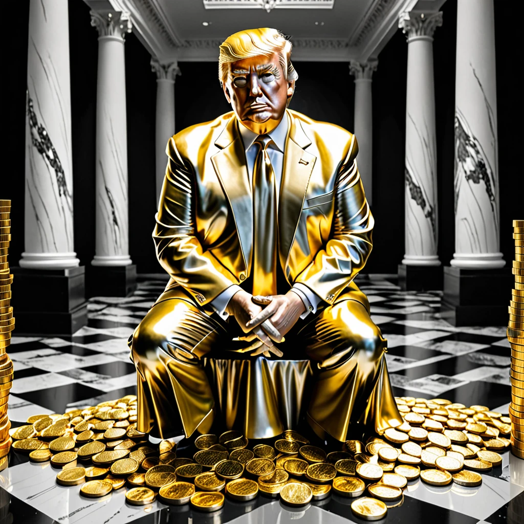 I want a stoic Donald Trump sculpture with black and white background. The image should focus on Donald Trump holding money or in a meeting and showing wealth. Must be a full body sculpture with walls or buildings in the background.. Hyper realistic wearing gold chain, several gold coins scattered on the floor.