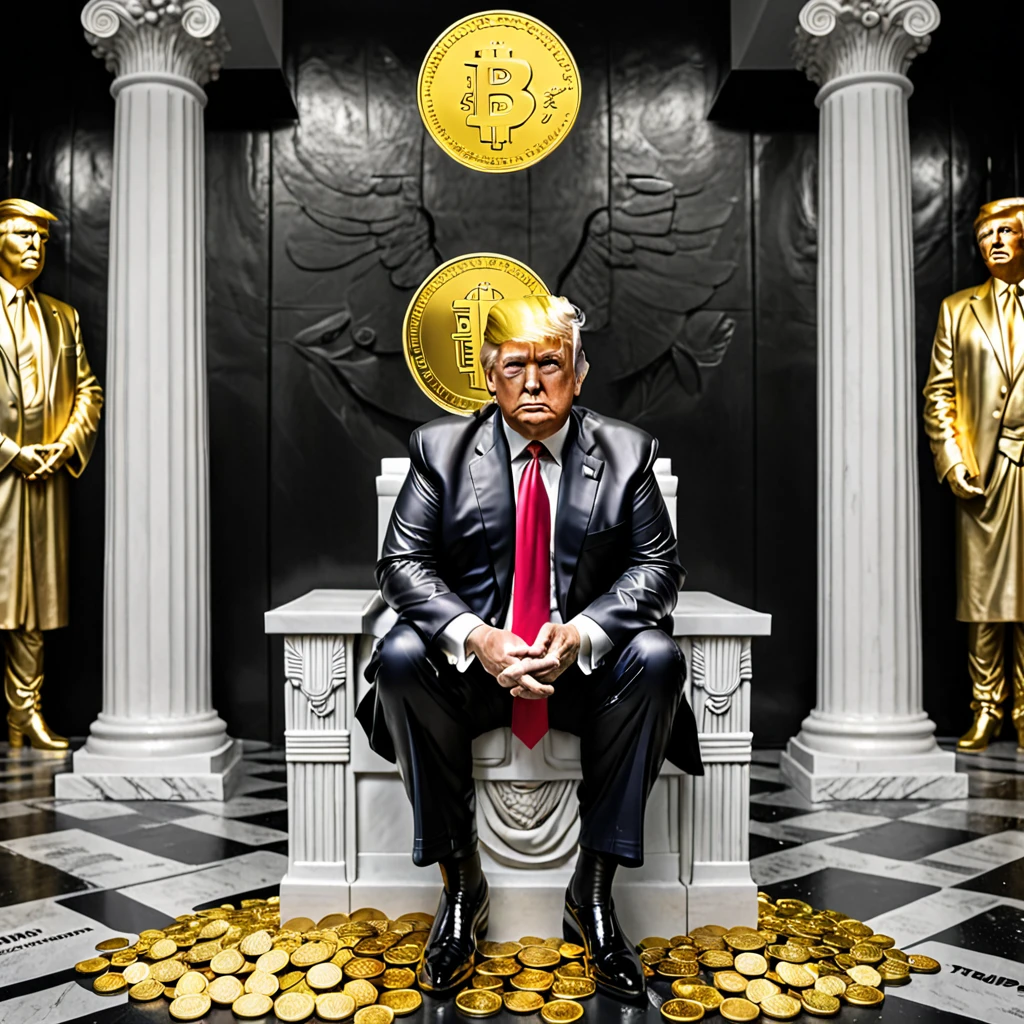 I want a stoic Donald Trump sculpture with black and white background. The image should focus on Donald Trump holding money or in a meeting and showing wealth. Must be a full body sculpture with walls or buildings in the background.. Hyper realistic wearing gold chain, several gold coins scattered on the floor.