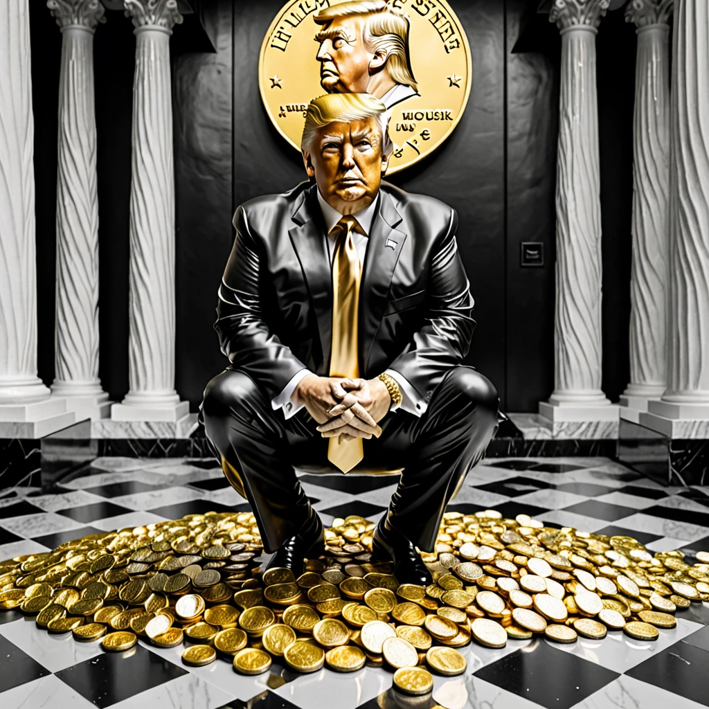I want a stoic Donald Trump sculpture with black and white background. The image should focus on Donald Trump holding money or in a meeting and showing wealth. Must be a full body sculpture with walls or buildings in the background.. Hyper realistic wearing gold chain, several gold coins scattered on the floor.