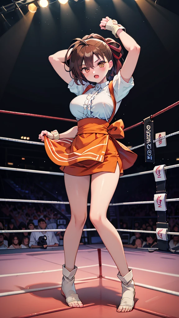 Highest quality，masterpiece，(WWE Divas，Wrestling Arena，Wrestling ring background, Boxing ring background),  Lack of stamina, Ryona, Hitting a girl, death is near，タケユカ 超ロングヘア ヘアribbon, Frilled shirt, Underbust, ribbon, Fingerless gloves, White gloves, Waist apron, Orange Skirt, socks, Toeless legwear， (Moaning , Open your mouth), ((, Fall into the ring，)), , ( Tilt your head),