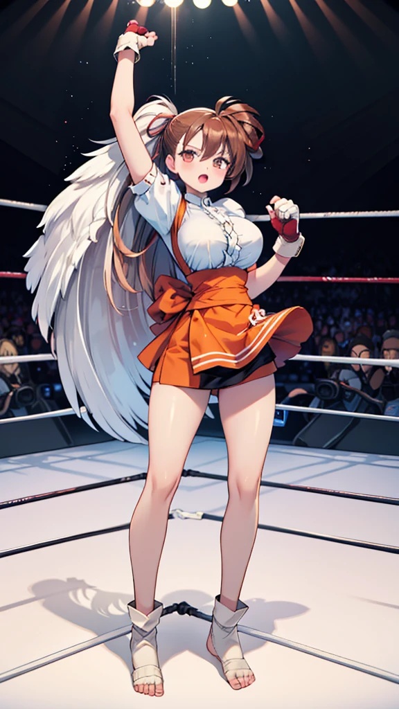 Highest quality，masterpiece，(WWE Divas，Wrestling Arena，Wrestling ring background, Boxing ring background),  Lack of stamina, Ryona, Hitting a girl, death is near，タケユカ 超ロングヘア ヘアribbon, Frilled shirt, Underbust, ribbon, Fingerless gloves, White gloves, Waist apron, Orange Skirt, socks, Toeless legwear， (Moaning , Open your mouth), ((, Fall into the ring，)), , ( Tilt your head),