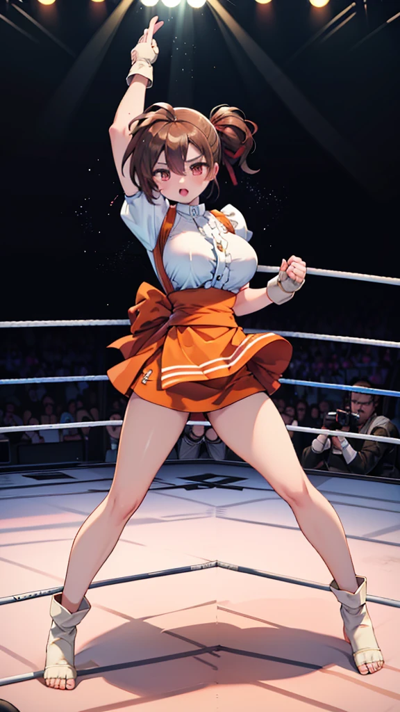 Highest quality，masterpiece，(WWE Divas，Wrestling Arena，Wrestling ring background, Boxing ring background),  Lack of stamina, Ryona, Hitting a girl, death is near，タケユカ 超ロングヘア ヘアribbon, Frilled shirt, Underbust, ribbon, Fingerless gloves, White gloves, Waist apron, Orange Skirt, socks, Toeless legwear， (Moaning , Open your mouth), ((, Fall into the ring，)), , ( Tilt your head),