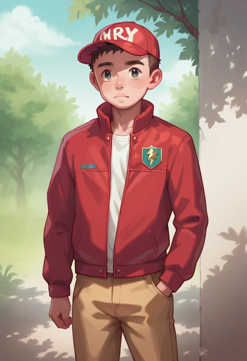 (((Masterpiece))), best quality, cowboy shot, perfect anatomy, (detailed face), outdoors, sunny, warm sunlight, (((realistic faces))), realistic anatomy, painterly)) 1boy, ((shota)), solo, red jacket, three quarter view, cap