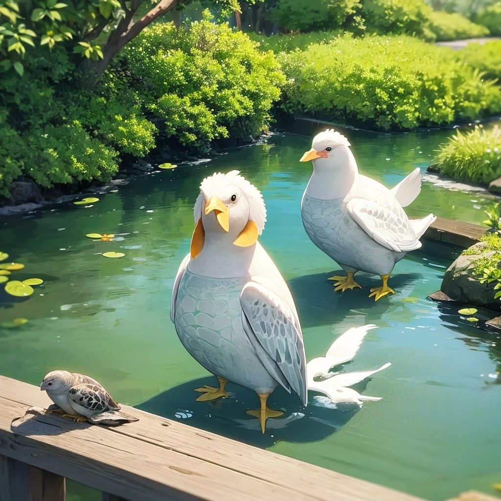 In clean pond green turtle and two white chicken who have red beak are stand near the pond