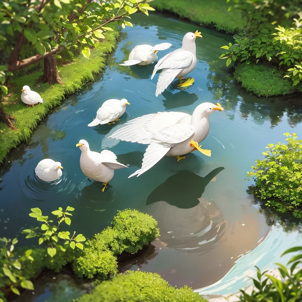 In clean pond green turtle and two white chicken who have red beak are stand near the pond