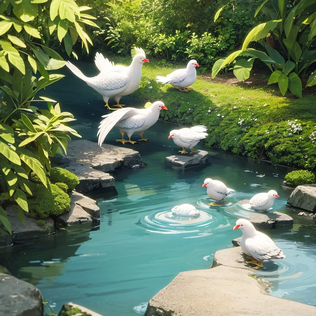 In clean pond green turtle and two white chicken who have red beak are stand near the pond