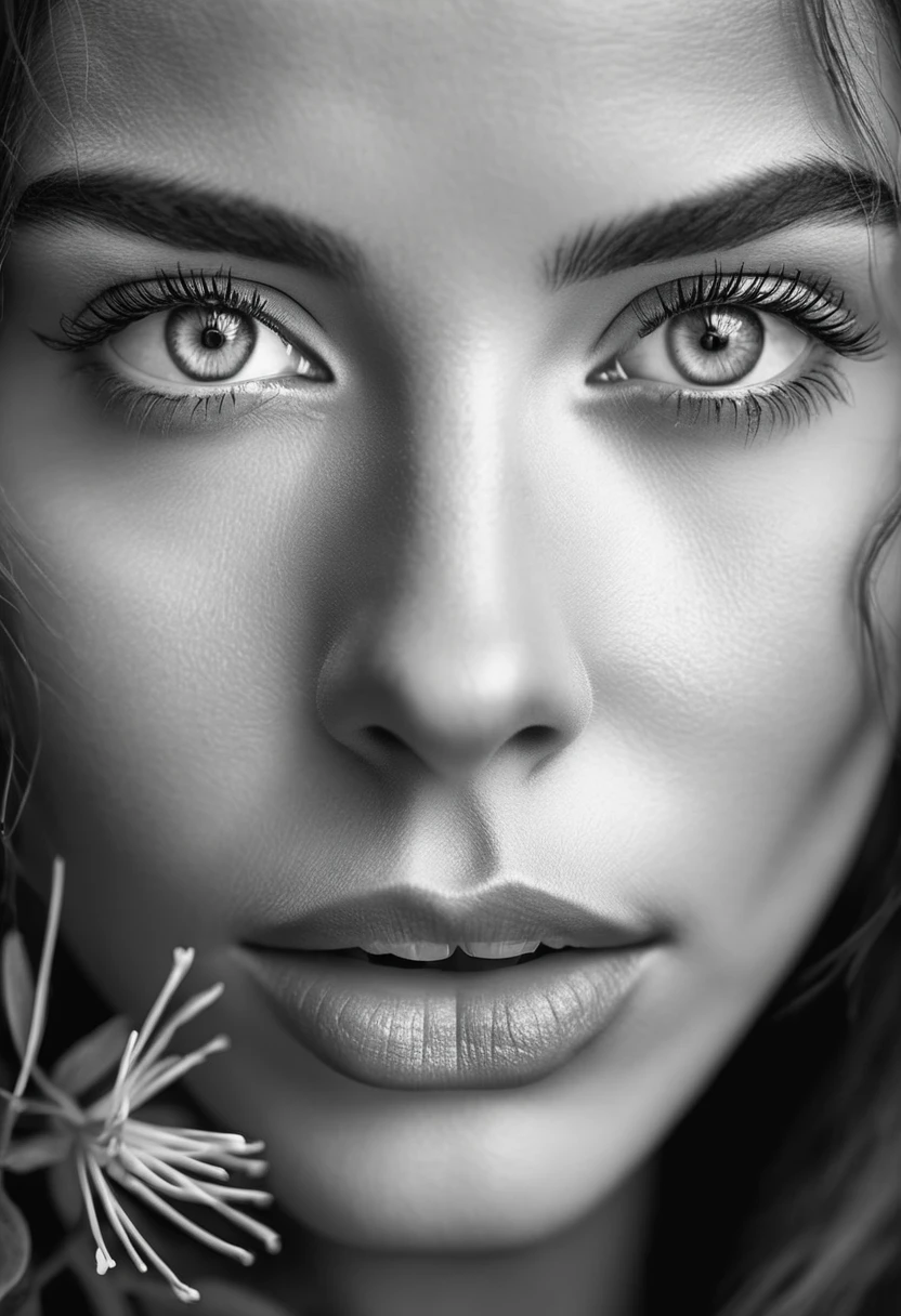 A black and white photo in raw format, zooming in on the intricate details of a woman's face, revealing her expressive eyes. Frame the shot with a solitary striking Fuchsia flower, adding a touch of softness and femininity to the composition, enhancing the dramatic contrast and textures of the monochrome image, ultra clear