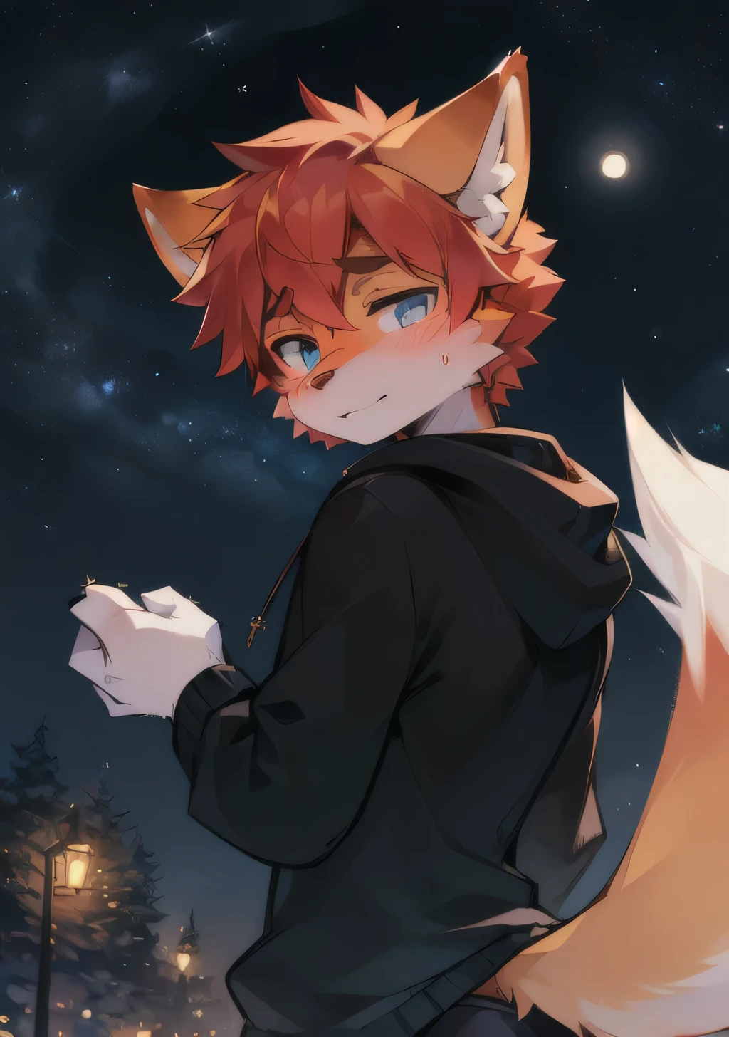 Starry_Sky, moon, new moon_moon, night_Sky, night, shooting_Star, Sky, galaxy, Starry_Sky_Print, male_Key Points, full_moon, aurora, milky_Way, hairy, 1 boy, constellation, moonlight, Solitary, hairy_male, Starry_background, ember, fireworks,blush, detailed_background,Astonishing_background,Orange fur, Fox Boy, Black Hoodie, Fox Tail, One tail, Blue left eye, Right eye red,Orange hair,detailed face,detailed eyes,Head tilt, Look Back,