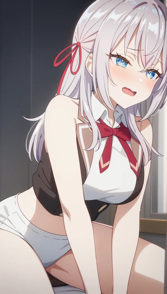 alisamikhailovna, alisamikhailovna kujou, long hair, bangs, blue eyes, ahoge, gray hair, red ribbon, strip stage, purple lighting, smile, screaming, black lingerie, lying on back, show pussy, gangbang, orgasm