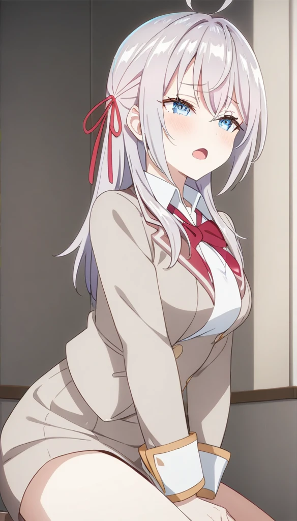 best quality, amazing quality, very aesthetic, absurdres, (1girl, mutsuki, blue archive, solo, red eyes, white hair, side ponytail), (realistic face:0.9),(thong:1.8),dress lift, (grin, blush, thigh:1.3), (cowboy shot), (glistening eyes), (half closed eyes:0.9), (), (official art:1.3), (panties around one leg), expressive eyes, perfect face, 4k, extremely detailed anime illustration, extremely detailed eyes, perfect anatomy, light rays, extremely delicate body, smooth skin, (anime background:1.5), clear eyes, beautiful face, small breasts,(anime style:1.7), (Warm Light:1.5), (highres:2),
