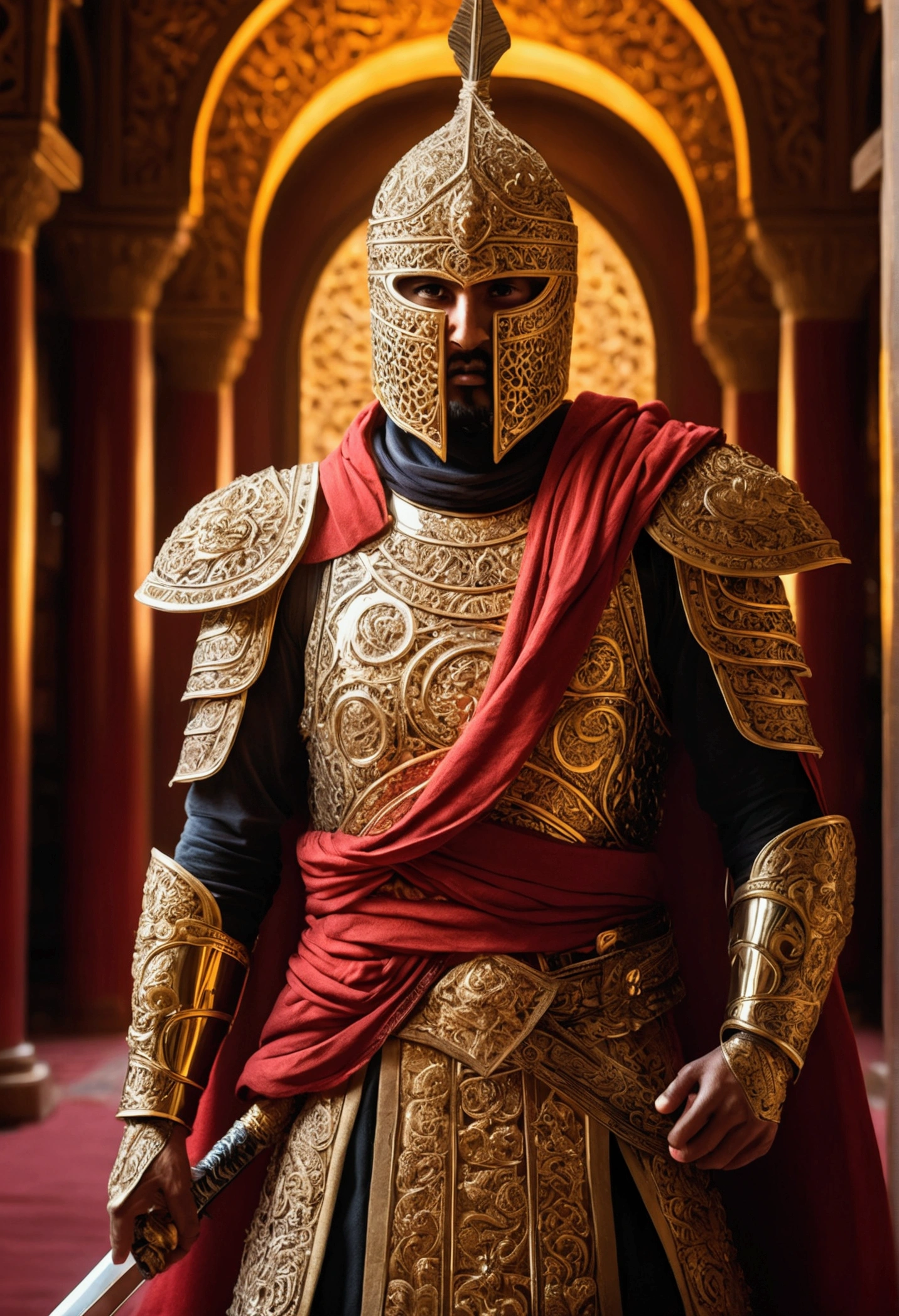 (Unity CG 8k ultra-detailed wallpaper, work of art, best qualityer, Depth of field, HDR, Intricate), Tall and sinister dark killer,Using a metal mask,Bright blood red eyes,Golden Armor of the Praetorian Guard,Behind him is wearing a beautiful golden robe,In the left hand, he holds a sharp giant sword in one hand,Walk through the majestic golden palace, On both sides of the palace were countless people wearing golden janissary armor..,(Intricate: 1.4) (work of art: 1.4) (illustration: 1.4), Red studio lighting, Post-processing, 8K resolution, darkness background, Stately, Well composed photos, impressive, black fantasy,Real cinematic