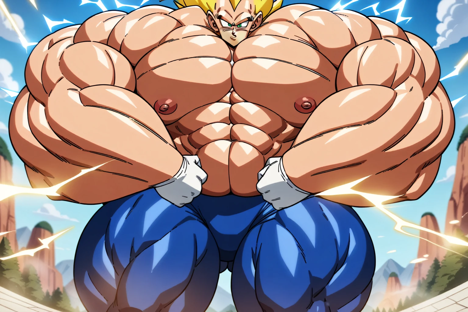 1boy, Vegeta, from Dragon Ball Z, masterpiece, best quality, very aesthetic, absurdres, saiyan, green eyes, spiked hair, (yellow hair:1.5), shirtless, blue skintight pants, white gloves, (huge muscles:2.7), dragonballartstyle, in the style of Akira Toriyama, white tiled floor, outdoors, flat-top mountains, nipples, yellow aura, electricity, white gloves, fists squeezed