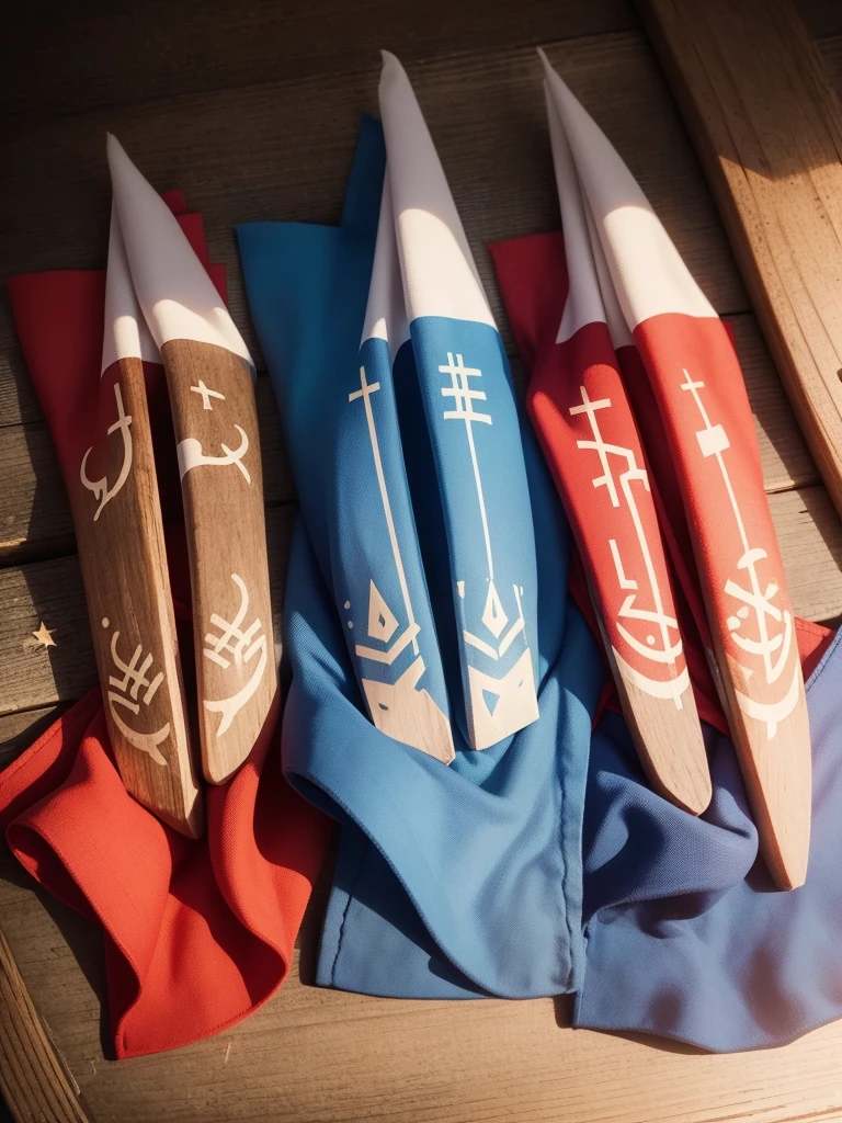 Four little hand flags, white, blue, red and golden, with magic runes engraved on them.