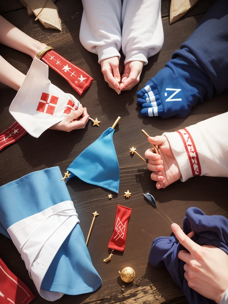 Four little hand flags, white, blue, red and golden, with magic runes engraved on them.