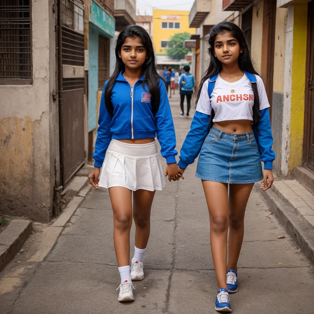 Indian teen age boy and girl  wolk school together  in 1cm gape between , the girl is wearing burga. Walk in street 