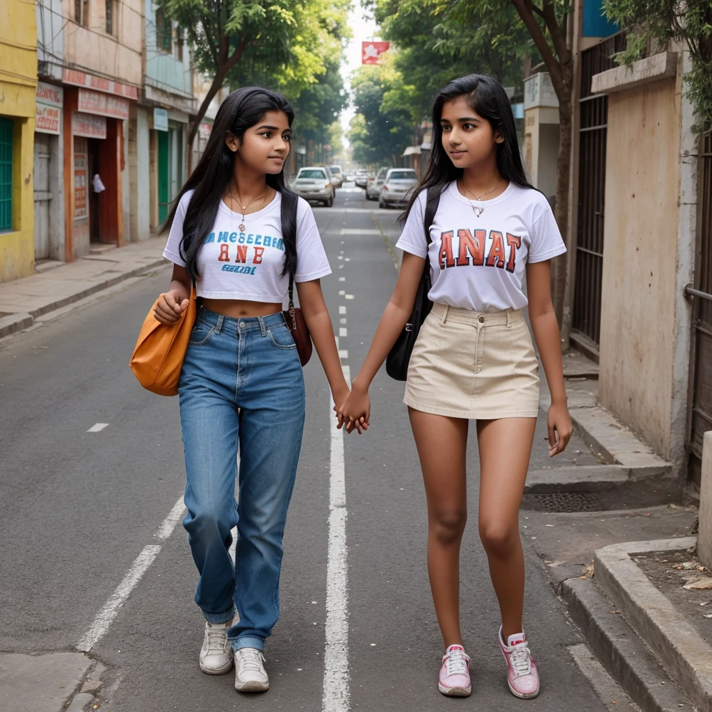 Indian teen age boy and girl  wolk school together  in 1cm gape between , the girl is wearing burga. Walk in street 