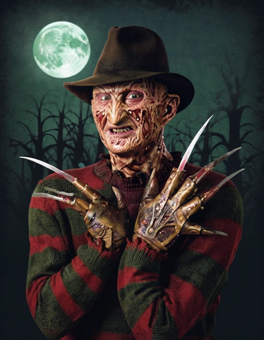 Freddy Krueger, Highly detailed, stylized illustration featuring a menacing figure with a grotesque, scarred face and pale skin. The character is wearing a dark brown fedora and a red and green striped sweater. His right hand is equipped with a glove that has long, sharp blades extending from the fingers, which are dripping with blood. The background shows a suburban street with a street sign labeled 'Elm St.' and a full moon illuminating the night sky. The overall color palette is dark and eerie, with a mix of deep blues, greens, and reds, enhancing the horror theme of the image.anatomicamente correto, super detalhado, alta qualidade, 4K, anatomicamente correto, altos detalhes, superdetalhado, 4K